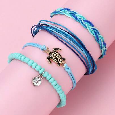 4pcs/Set Kids Cute Summer Ocean Creature Bohemian Style Handmade Braided Starfish, Shell, Turtle Bracelet Set, Suitable For Daily Wear, Gifts, Festivals
