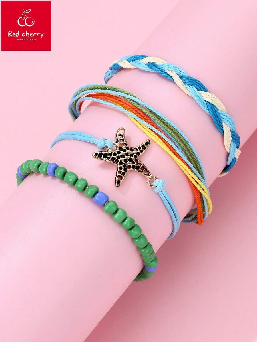 Bộ 4 vòng tay thủ công hình sao biển, vỏ sò, rùa dễ thương phong cách Bohemian dành cho trẻ em, thích hợp đeo hàng ngày, làm quà tặng hoặc trong các dịp lễ hội. - Nhiều màu - Xem 1