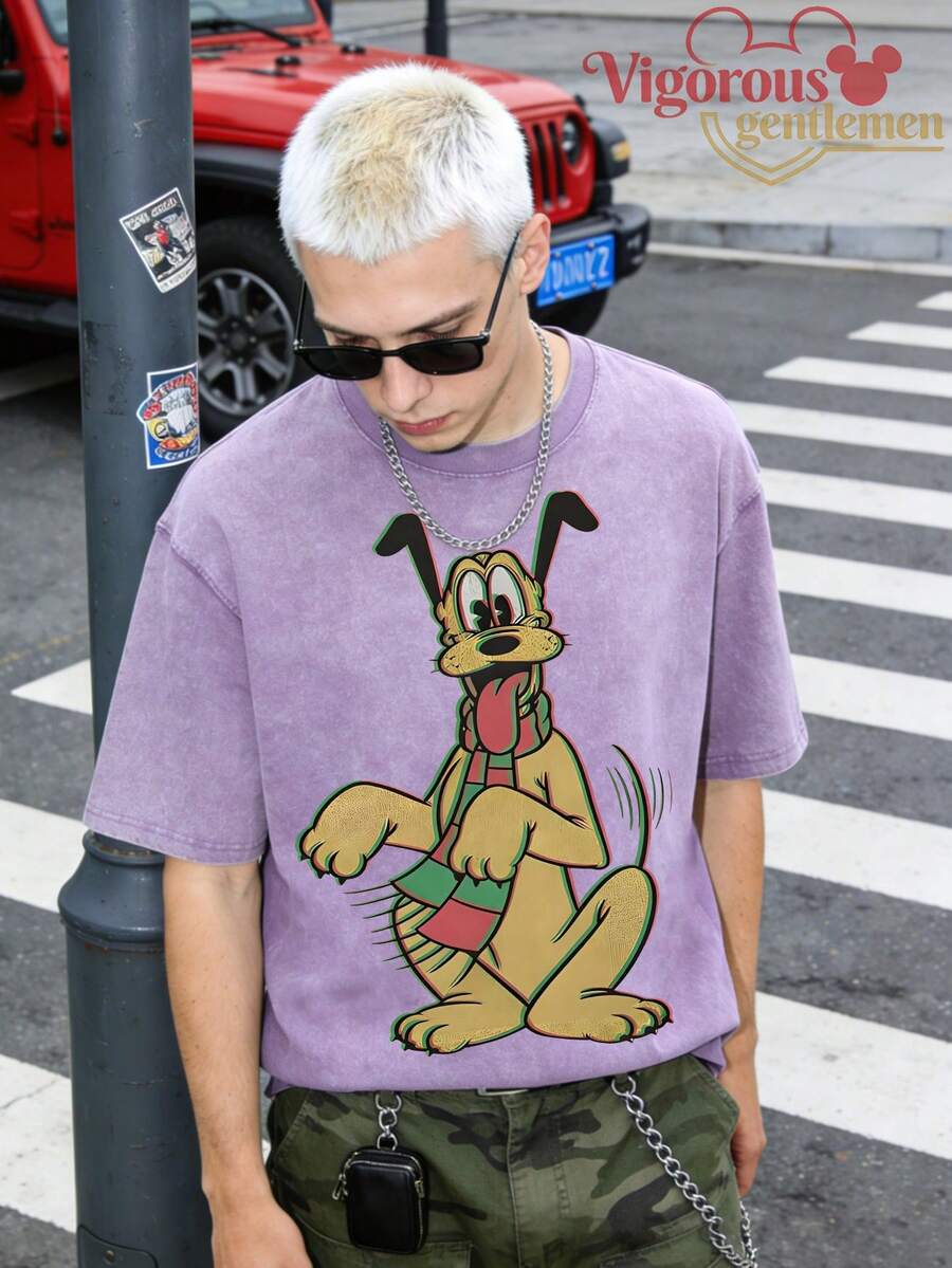 Summer Travel Short Sleeve T-Shirt, Disney Pluto Cartoon Print Casual T-Shirt, Unisex Short Sleeve - Màu tím hoa cà - Xem 1