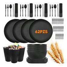 Juegos de Vajilla de Paja deTrigo 62 piezas Platos y Tazones de Paja de Trigo Irrompibles Reutilizables sin BPA Aptos para Microondas y Lavavajillas Perfecto para Camping Picnic RV Dormitorio - Negro  62 piezas - Ver 9