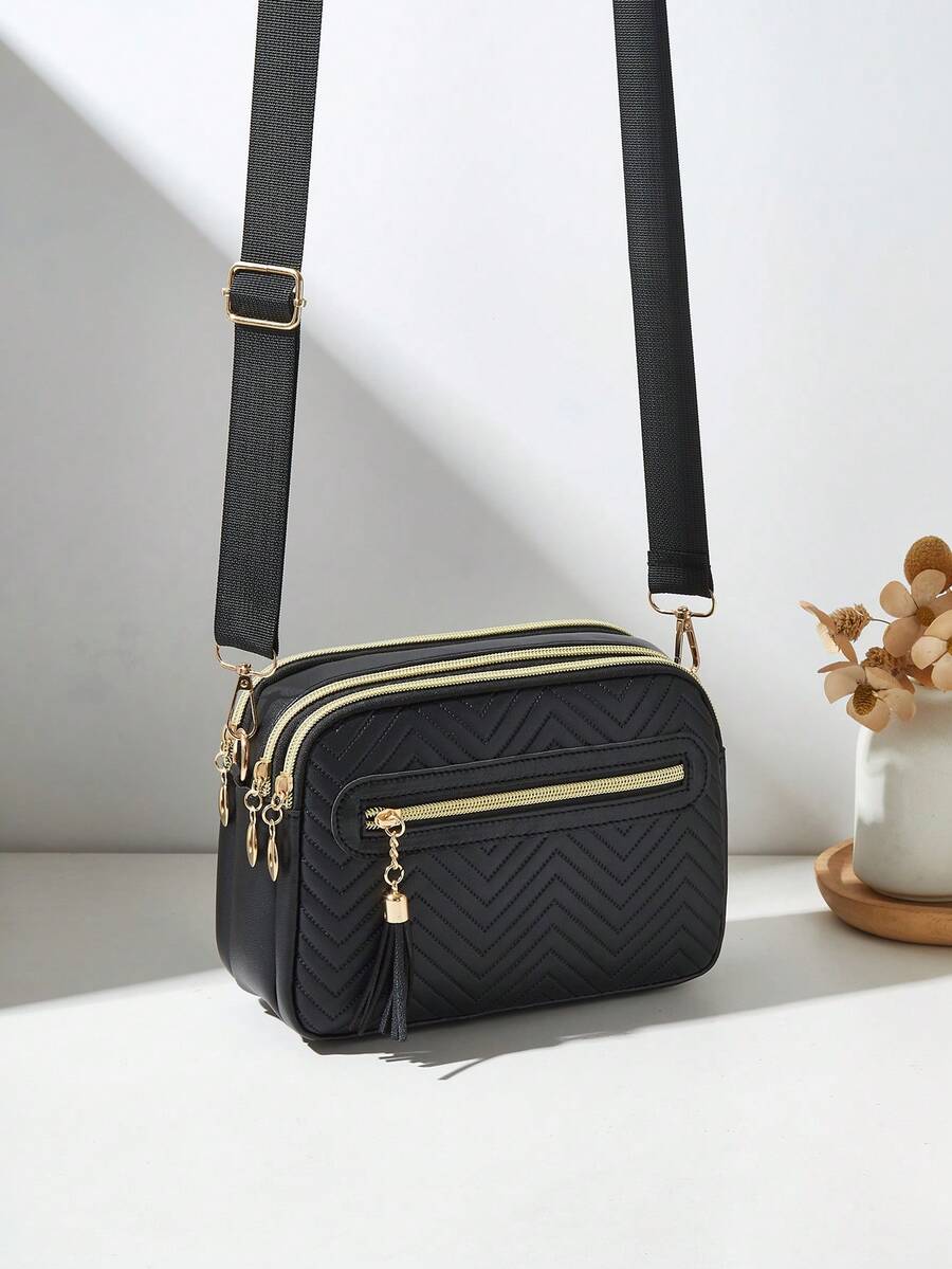 Fashionable Embossed Bag With Tassel, Multi-Layer Crossbody Shoulder Bag For Women - Black - View 1