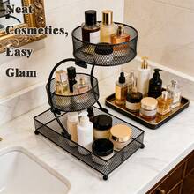 Storage Rack, Three-Tier Lightweight Metal Cosmetic Storage Rack With Circular Baskets, Rust-Resistant Coating, Dormitory Storage Rack, Bathroom And Kitchen Storage Rack, Outdoor Storage Box/Cabinet Rack – Makeup Organizer. - 經典黑色有圓形籃子 - 查看 8