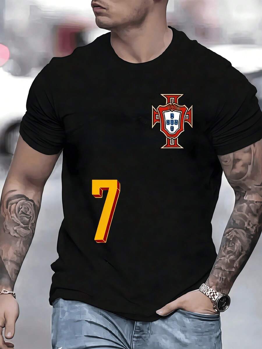 Symbol Of Portuguese Pride With National  In The Shape Of A Red And White Cross Representing The Passion For Football And The Golden Number 7 Highlighting Strength On The Field. Men's Modern And Comfortable Football World Cup Jersey - 黑色 - 查看 1
