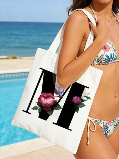 1pc Casual Red Rose Petal & 26 Letter A-Z Print Canvas Tote Bag, Fashion Large Capacity Handbag, Reusable Foldable Storage Bag, Portable Shopping Bag, Party Gift Bag, Economical Canvas Bag For Daily Use, Suitable For Mothers, Friends, Teachers, Bridesmaids, Sisters As Gift