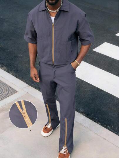 Men's New Zip-Up Short Sleeve & Long Pants 2-Piece Set, Casual Street Style Outfit For Spring/Summer, Outdoor & Daily Wear