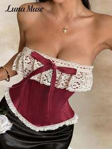Áo croptop ren màu đỏ tía cổ điển Luna Muse dành cho nữ, áo corset ôm sát kiểu cung đình với nơ trang trí, áo tank top ngắn gợi cảm, sang trọng cao cấp cho các dịp hàng ngày, thường ngày, tiệc tùng, kỳ nghỉ, hẹn hò, dạo phố, biểu diễn, lễ hội âm nhạc, ngày Valentine, trang phục năm mới. - Màu Đỏ Sâu - Xem 5