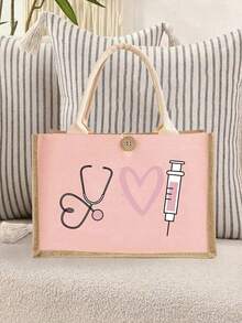Túi xách chủ đề y tá và túi đựng mỹ phẩm cùng kiểu - Túi xách tay cỡ lớn bằng vải canvas màu hồng, phối vải lanh, in hình ống nghe, trái tim, kim tiêm, nhiệt kế - Bền chắc và nhẹ, đồ dùng thiết yếu hàng ngày cho y tá, túi đựng đa năng, túi đựng đồ vệ sinh cá nhân, ví, túi cầm tay, thích hợp cho đi làm, du lịch, mua sắm, dã ngoại, quà tặng Ngày của Mẹ, Ngày Quốc khánh. - Nhiều màu - Xem 8