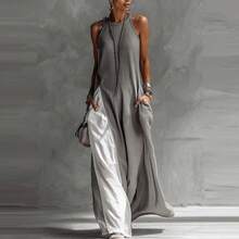 2026 New Women's Sleeveless Loose Pocket Color-Block Casual Off-Shoulder Dress - Xám - Xem 8