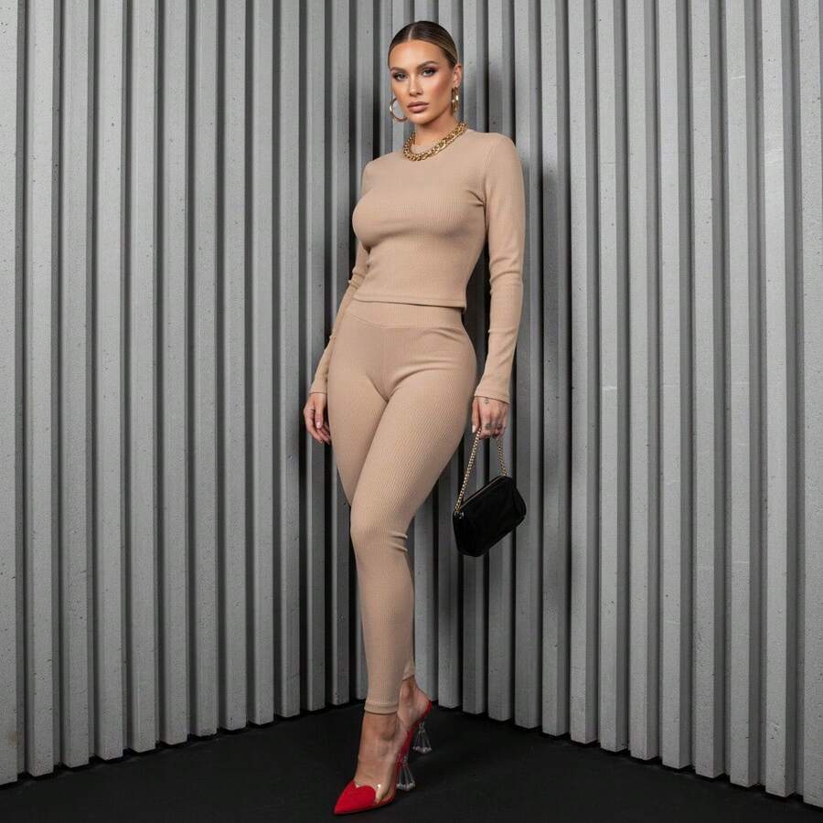 Leggings And Long-Sleeved Blouse Set - Sand - View 1