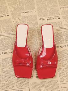 Fashionable Square Toe Bow Tie Women's High Heel Sandals, Summer Versatile Slip-On Mule Pumps - Red - View 4