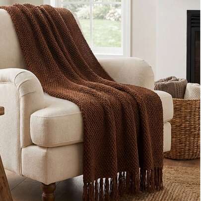 1pc Beige Knitted Blanket, Nordic Style Acrylic Rectangular Office Nap Sofa Blanket, Air Conditioning Blanket, Knitted Small Blanket, Shawl, Throw Blanket, Bed Scarf