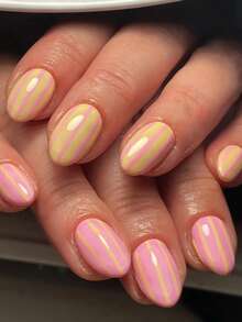 24pcs Pink & Yellow Striped Nail Stickers, Oval Fake Nails With Macaron Dual-Color Design, Soft Yellow And Pink Tones Combined With Striped French Pattern, Creating A Fresh And Vibrant Spring Vibe. Suitable For Daily Commute, Spring Outings, Parties, And An Ideal Gift For Nail Art Lovers And Friends/Family! - Multicolor - View 9