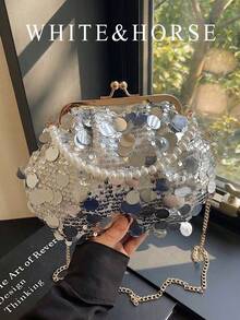 Shiny Sequin Handbag, Summer New Model, Versatile Chain Shoulder Bag, Elegant Frame Purse - Silver - View 1