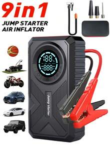 Arrancador de coche de 5000A y 150PSI con compresor de aire, paquete de refuerzo de batería de coche portátil de 12V con cables de arranque, luz LED y pantalla LCD - Multicolor - Ver 1