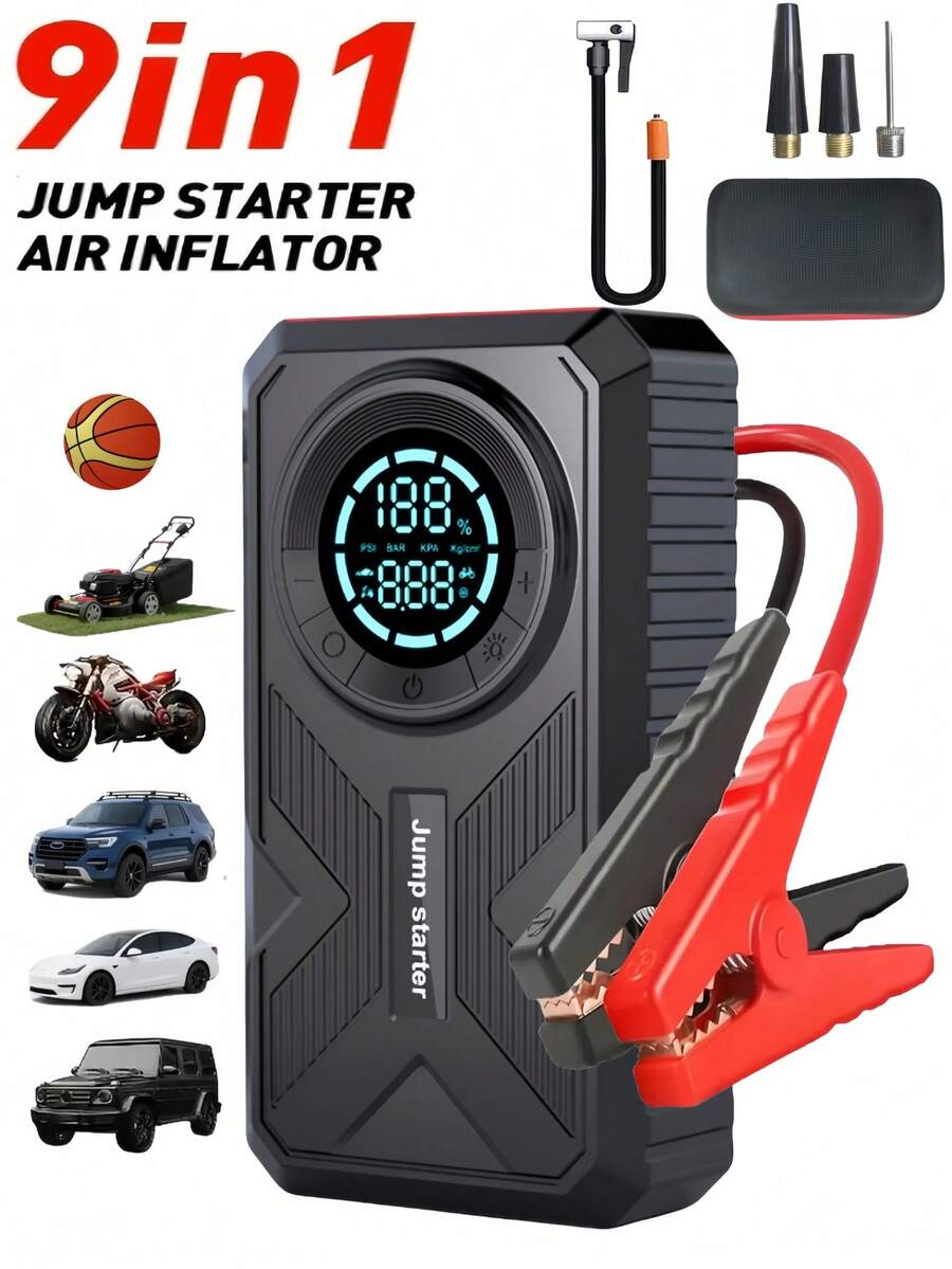Arrancador de coche de 5000A y 150PSI con compresor de aire, paquete de refuerzo de batería de coche portátil de 12V con cables de arranque, luz LED y pantalla LCD - Multicolor - Ver 1