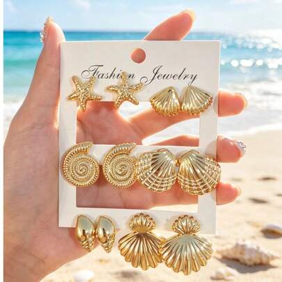 1/6 Pairs Summer Geometric Starfish, Shell, Conch Shaped Fashion Earrings Set For Women