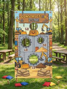 1 Piece Of Excavator Fun Bean Bag Throwing Game, Cartoon Construction Vehicle Polyester Hanging Throwing Game Banner With Scoring Holes, Outdoor Throwing Game Background Cloth, Very Suitable For Building Themed Parties, Birthday Parties, Picnics, Camping, Beaches, Outdoor Gardens, Family Parties, Holiday Parties. - Multicolor - View 4