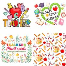 4 Sheets Teachers' Day Iron On Transfers,  DTF Transfer Ready To Press For T-Shirts,  Teacher Apple Pencil Heart Globe Book Clock Paint Palette Scissors Ruler Lightbulb Flower Seed Plant Grow Forever , Easy Heat Transfer For Clothing, T-Shirts, Jeans, Backpacks, Hats & Pillows,  Washable Stickers Perfect For Casual Style, Ideal Gift For Women And Men. - A - Xem 2