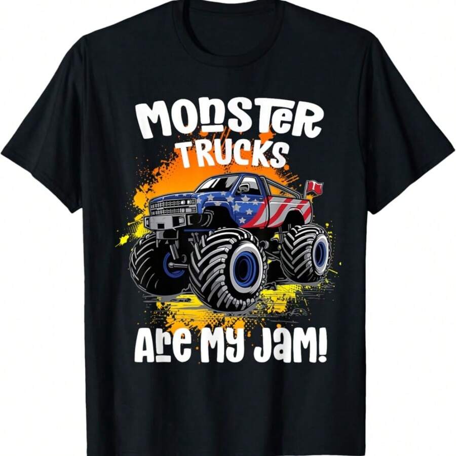 Men's Monster Trucks Are My Jam American Flag Patriotic Graphic Summer T-Shirt - White - View 1
