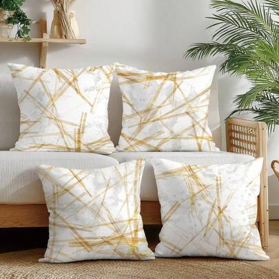 Bộ 4 vỏ gối trang trí họa tiết hình học trừu tượng tối giản, đường kẻ bạch kim, in một mặt, chất liệu nhung polyester màu đào, kích thước 45*45CM/18*18inch, thích hợp trang trí phòng ngủ, phòng khách theo phong cách tối giản hiện đại, làm quà tặng, trang trí tiệc.