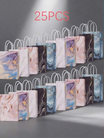 4/25pcs Kraft Paper Gift Bags With Handles, Including Marble Pattern, Suitable For Wedding, Christening, Bridal Shower, Birthday, Business Shopping, Party Favors, Graduation - Colorful Paper Bags For Valentine's Day, Thanksgiving, New Year, And Various Holiday Themes