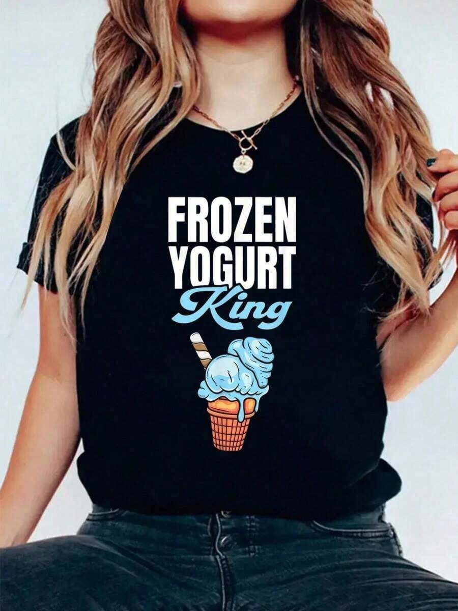 T-shirt d'été 100 % coton Frozen Yogurt King pour femme, col rond noir, respirant, style classique. - Noir - Voir 1