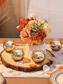 1pc Gold Round Glass Candle Holder, Suitable For Wedding Table Decor, Birthday Party Celebration, Home Room Decoration - Multicolor - View 9