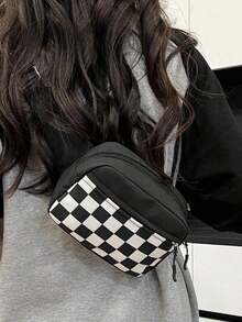 Solid Color Nylon Black & White Plaid Versatile Minimalist Waist Bag, Running Sports Chest Bag, Multi-Functional Crossbody Chest Pack, Fashionable Ladies Mini Chest Bag, Phone Pouch & Coin Purse - Đen và trắng - Xem 7