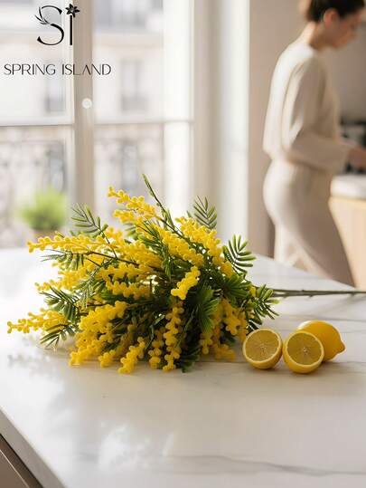 1株人造金合欢，黄色，适合婚礼季、毕业礼物、母亲节装饰、烛光晚餐装饰、宿舍/办公室装饰、户外派对活动、节日生日派对装饰、家居入口、酒店、餐厅、卧室、厨房、花园装饰、情人节装饰、春夏装饰、四季皆宜的装饰，是送给花卉爱好者的礼物。