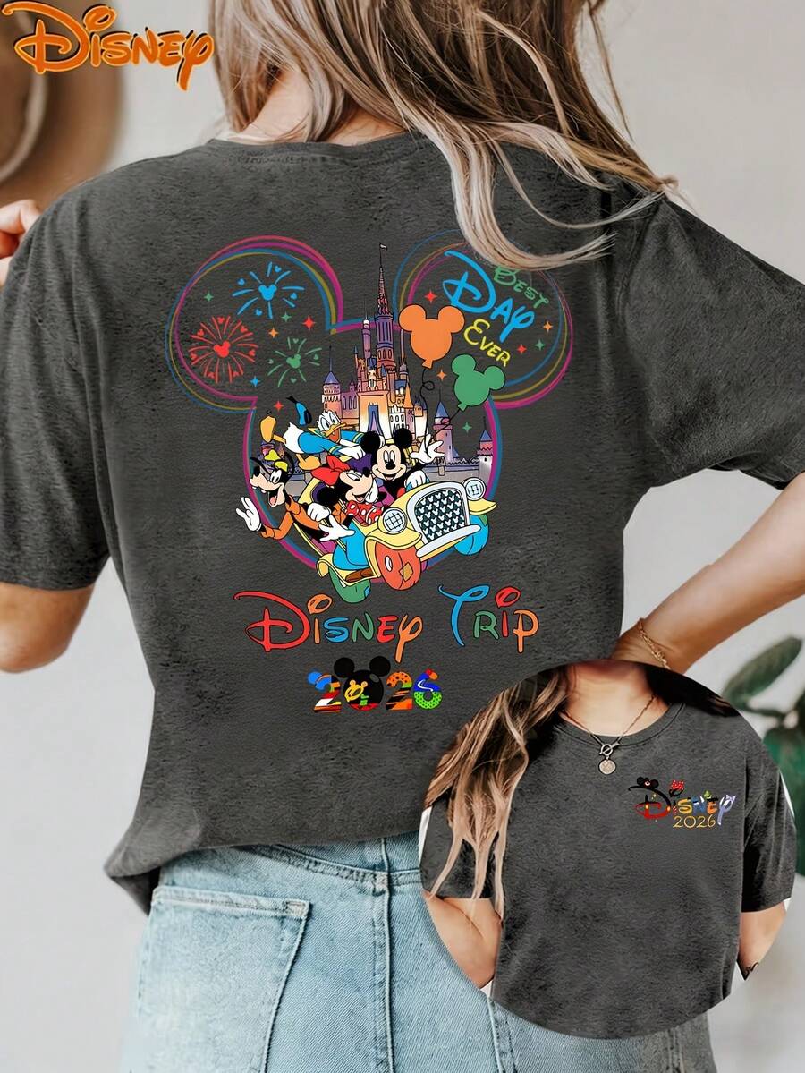 Disney License T Shirts,Disney 2026 Disney Trip Best Day Ever Women's Graphic T-Shirt, Retro Mickey Mouse Minnie Mouse Goofy Pluto Disney Castle Fireworks Balloon Cartoon Print Crew Neck Casual Loose Fit Short Sleeve Tee, Summer Casual Tops For Disney World Theme Park Family Vacation Daily Wear ,Camiseta, Summer Outfits For Women, Summer Clothes, Summer Tops, Tops For Women, Festival Outfits, Summer Tops For Women, Mother's Day, Mother's Day Clothing, Gifts For Family And Friends, Spring Outfits For Women, Officially Licensed Disney T-Shirts, Disney Men's And Women's Spring/Summer Fashion Casual Short-Sleeve T-Shirts - 灰色 - 查看 1