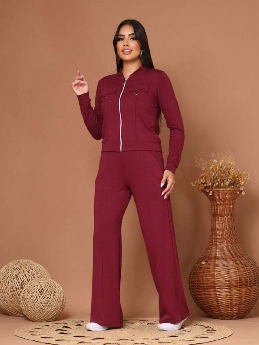 Wide-Leg Pants + Long-Sleeved Jacket In Cool, Lightweight Fleece Fabric For Winter 2026. Zipper. - Gỗ đỏ - Xem 1