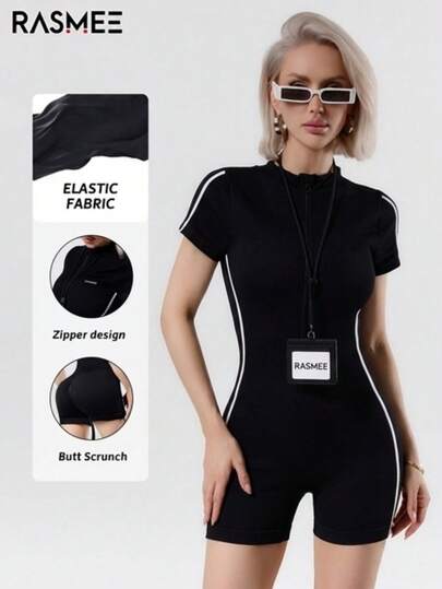 Women's One-Piece Compression Workout Jumpsuit, Seamless Yoga Fitness Jumpsuit, Black Zipper Design, Tight Knit Fabric, Stand Collar, Suitable For Outdoor Leisure, Hiking, Trekking, Running And Gymnastics