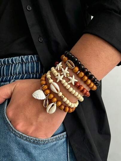 Bộ 6 vòng tay co giãn đính hạt hình sao biển và vỏ sò phong cách Bohemian, thích hợp cho nam giới, đi nghỉ mát, dự tiệc, làm quà tặng Ngày của Cha/Tốt nghiệp/Cho bạn trai.