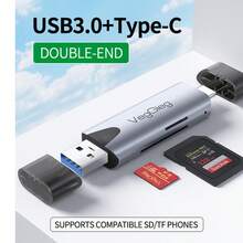 Lector de tarjetas 2 en 1 con interfaz dual Tipo-C + USB 3.0/2.0, lectura simultánea de tarjetas SD/TF, transferencia de alta velocidad de hasta 100MB/s, carcasa de aleación de aluminio, compatible con teléfonos inteligentes, computadoras, tabletas, tarjetas de memoria de cámara, plug and play, duradero y portátil - Ver 7