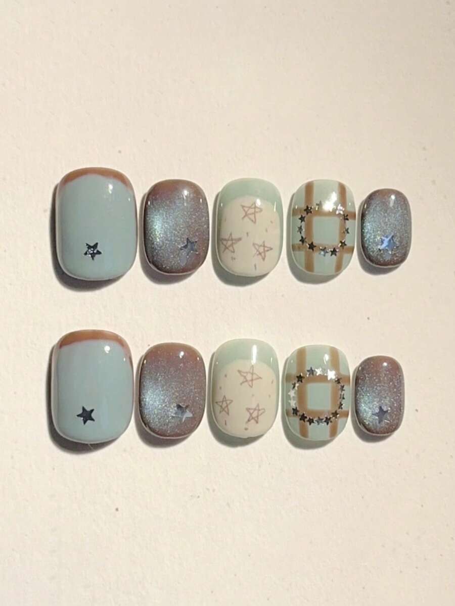 10片手工短橢圓形美甲貼,薄荷綠、咖啡棕貓眼、格紋與五角星元素,甜美酷帥復古風,適合女士與女孩日常佩戴,適用春夏秋冬、假期、派對與日常使用,優雅可愛美甲貼 - 彩色 - 查看 1