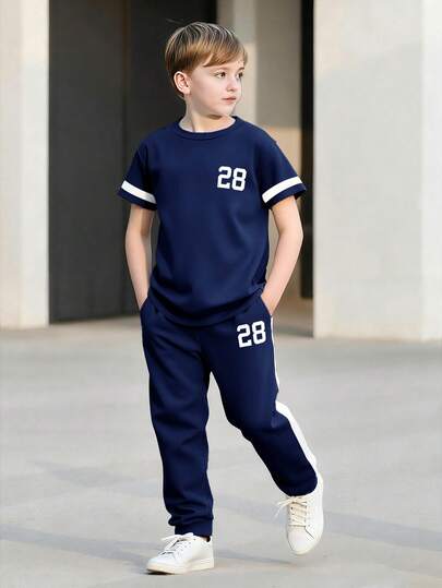 2pcs Boys' Spring/Summer Short Sleeve T-Shirt And Pants Set, Numeric Striped Print, Casual Round Neck, Comfortable, Versatile Outdoor Sports Outfit