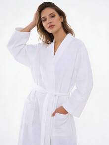Unisex 100% Cotton Waffle Bathrobe, Lightweight Breathable Kimono Robe With Pockets - 粉色 - 查看 6