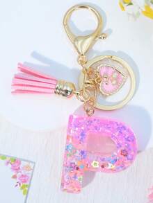 1pc Pink Letter Keychain Resin Drip Glue Butterfly Heart Pendant, Cute Gift For Women Bag/Key Chain - Baby Pink - View 17