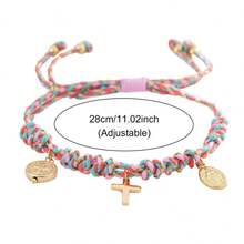 1件金色十字架圣牌编织绳手链，女士款 – 可调节信仰饰品，波西米亚风灵性魅力手镯 - 彩色 - 查看 2