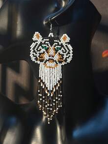 手工虎头流苏耳环，女士时尚长款玻璃珠吊坠耳环，串珠波西米亚风百搭配饰 - 老虎 - 查看 7