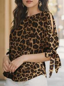Women's Leopard Print Blouse With Crossover Front And Tie Sleeve Design - Semi-Sheer Round Neck Top, Machine Washable Regular Fit For Casual And Office Wear, Fashionable Streetwear Style, Lightweight Fabric Vacation Summer - Brown - View 9