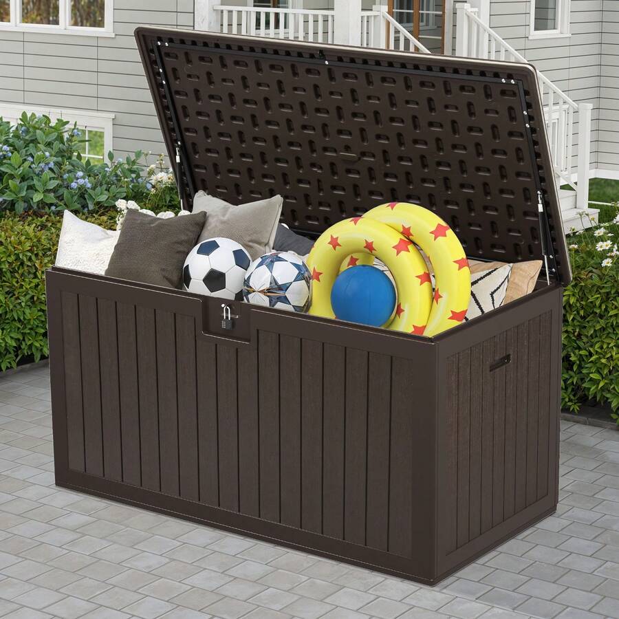 BALCONERA 567.8L Large Outdoor Garden Storage Box, Heavy-Duty Waterproof Resin Deck Box With Lockable Lid, All-Weather Patio Storage Bench For Furniture Cushions, Pool & Garden Tools - Brown - View 1