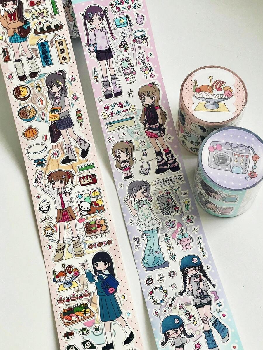 Y2K Style Cute Girl Sticker Roll | Suitable For Scrapbooking, DIY Crafts, Planner Decoration (25cm Continuous Roll, Total Length 210cm)