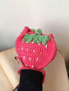 Cute Strawberry Knitted Pouch, Handmade DIY Niche Design Woven Bag, Mini Coin Crossbody Purse, Strawberry - 粉色 - 查看 3