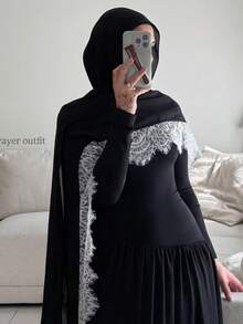 1 chiếc khăn trùm đầu bằng ren polyester mềm mại, thoáng khí, thích hợp để sử dụng hàng ngày ở nhà, có thể phối cùng áo choàng, khăn trùm đầu dành cho nữ, khăn trùm đầu thanh lịch, quà tặng Ngày của Mẹ/Ngày Valentine, màu đen - màu đen - Xem 5