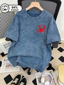 Maglietta estiva da donna taglie forti, stile vacanza, stampa granchio su entrambi i lati, finitura lavata vintage, casual quotidiana - Blu - Visualizzare 2