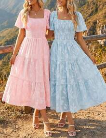ZESICA Women's Summer Boho Floral Midi Dress 2026 Casual Short Sleeve Square Neck Flowy Beach Vacation Long Dress - 淺粉色 - 查看 6