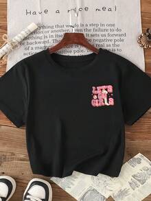 Women's Polyester Round Neck Short Sleeve T-Shirt, "Let's Go Girls" Graphic Tee, Regular Length Casual Street Style T-Shirt, Suitable For Autumn, Slightly Stretchy Black Summer - Black - View 2