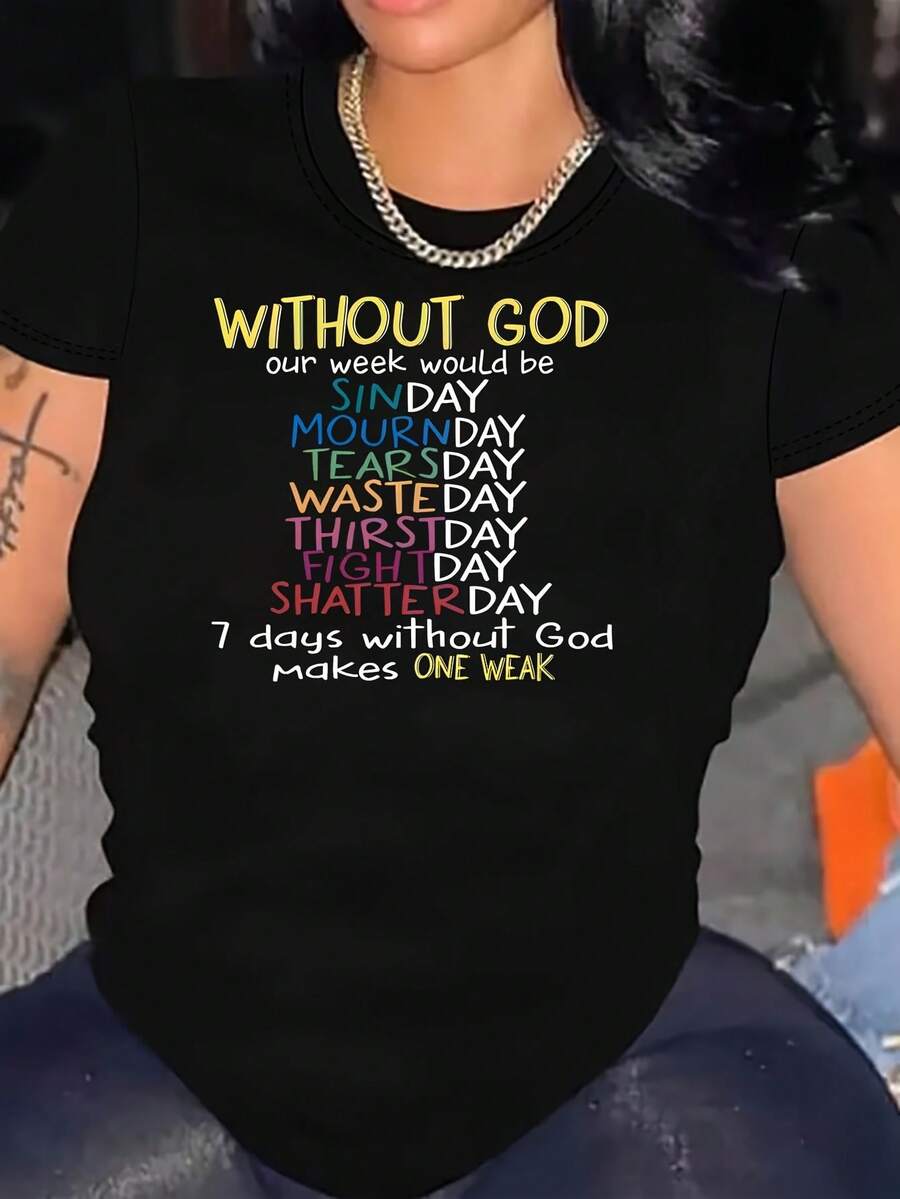 Without God Our Week Would Be Monday 1 Pcs Women's Plus Size T-Shirt Funny Oversized Graphic Short Sleeve Tee Novelty 100% Cotton Shirt Casual Crew Neck Top 220g - 黑色 - 查看 1