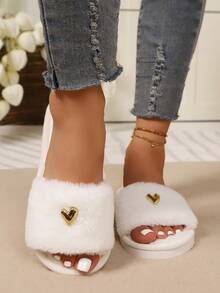 Women Y2K Black Fuzzy Open Toe Slides Mini Gold Heart Metal Stud Soft Fluffy Non-Slip Warm Indoor Bedroom House Slippers - White - View 3